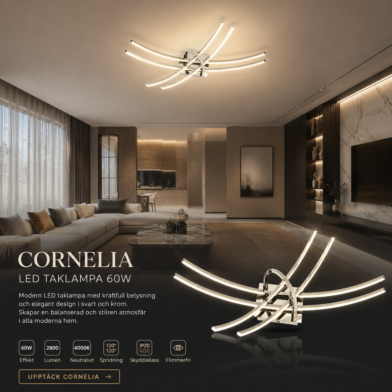 LED Taklampa 60W CORNELIA 4000K Stark Belysning 60W LED Ceiling Light