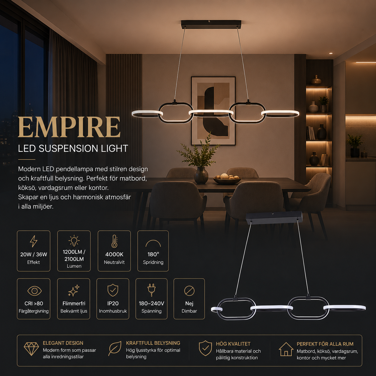 LED suspension light 36W 4000K dimbar modern taklampa - EMPIRE 36W LED Suspension Light