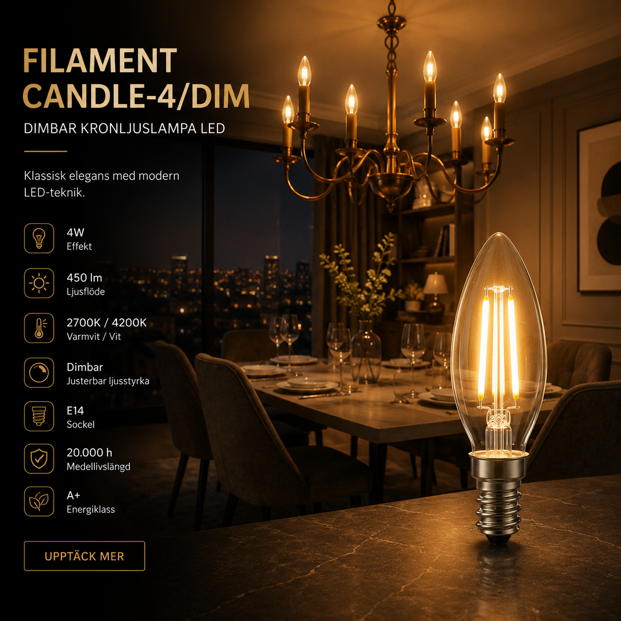 E14 filament LED dimbar 4W – Kronljus varmvit E14 filament LED dimbar kronljuslampa varmvit 4W